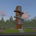 Steel Structure Observation Deck With Steps Green Lawn Flower Beds And Lush Trees