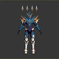 Futuristic Humanoid Character In Blue Purple Armor With Golden Shoulder Spikes And Yellow Back Spikes