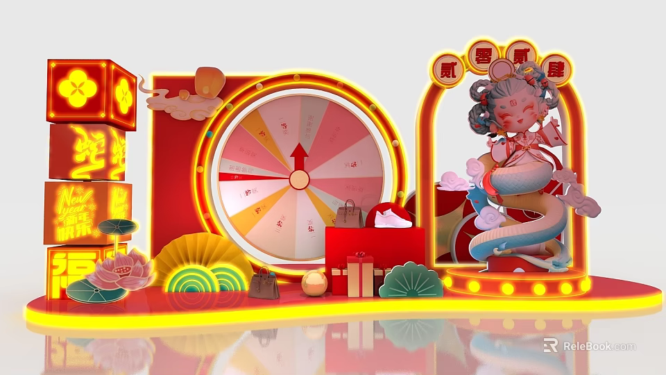 Chinese Traditional Photo Check In Spot With Red Spinning Wheel Lanterns And Lotus Decorations 3d model 