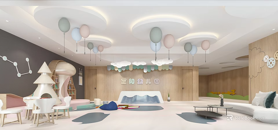 Cheerful Kindergarten Space With Hanging Balloons Cloud Decorations Wooden Walls And Colorful Mats 3d model 