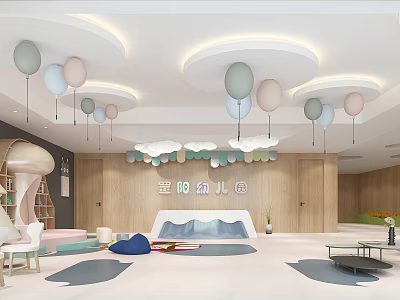 Cheerful Kindergarten Space With Hanging Balloons Cloud Decorations Wooden Walls And Colorful Mats 3d model