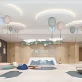 Cheerful Kindergarten Space With Hanging Balloons Cloud Decorations Wooden Walls And Colorful Mats