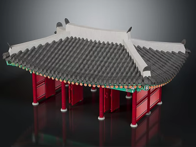 Traditional Ancient Chinese Architecture with Gray Tiled Roof Red Pillars and Curved Eaves Design 3d model