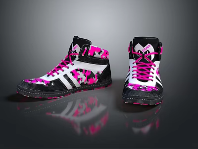 Stylish High Top Shoes with Black Pink White Camouflage Pattern and Pink Laces 3d model