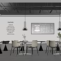 Modern Café Interior With Chalkboard Menu Pendant Lights Decorative Wall Text And Tables Chairs Arrangement