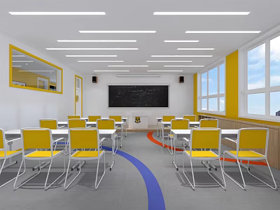 School Classroom Interior Featuring Yellow Chairs White Desks Blackboard Large Windows And Strip Lights 3d model