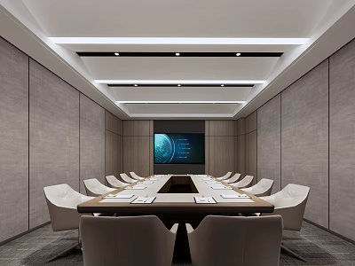 Modern Conference Room With Long Table White Chairs Gray Walls Ceiling Lighting And Large Screen 3d model