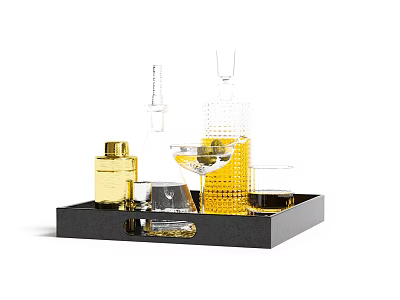 Stylish Textured Liquor Bottles and Glasses Arranged on Black Tray White Background 3d model