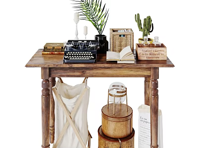 Wooden Side Table with Vintage Typewriter Green Plants Books Wicker Basket and Hanging Canvas Bag 3d model