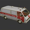 White and Red Emergency Ambulance Vehicle with Medical Cross and Emergency Lights