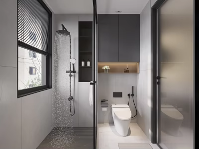 Modern Bathroom Interior With Shower Smart Toilet Gray Cabinets And Window 3d model