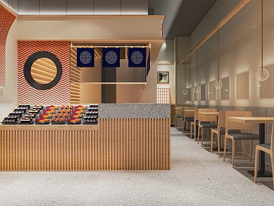 Warm Modern Restaurant Interior With Wooden Display Counter Colorful Food Items And Dining Seats 3d model