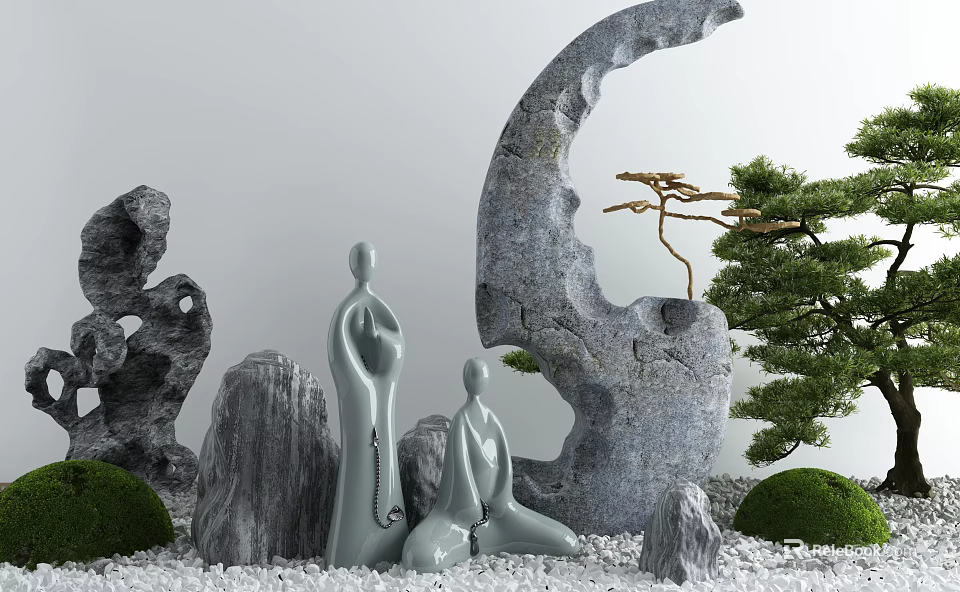 Garden Ornaments With Grey Stone Meditating Figures Crescent Moon Structure And Mini Pine Tree 3d model