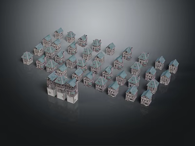 Small Building Models With Blue Roofs And White Walls Arranged On Gray Background For 3d model