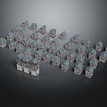 Small Building Models With Blue Roofs And White Walls Arranged On Gray Background For
