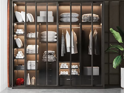Modern Wardrobe Design With Glass Doors Featuring Folded Clothes Hanging Garments And Storage Drawers 3d model