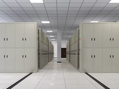 Row of Storage Cabinets Along Hallway with Smooth Floor and White Ceiling Lights 3d model