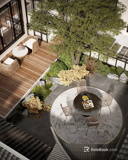 Garden Landscape Design With Wooden Deck Outdoor Dining Set Green Plants And Circular Stone Area 3d model 