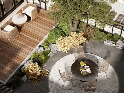 Garden Landscape Design With Wooden Deck Outdoor Dining Set Green Plants And Circular Stone Area 3d model