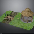 Wooden Octagonal Gazebo And Garden Bridge In Green Grass With Stone Path