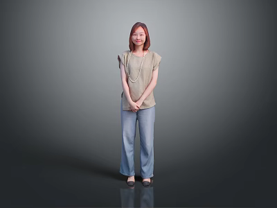 Woman in Light Colored Top and Blue Jeans Standing Against Gray Background 3d model