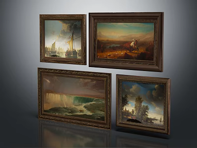 Framed Oil Paintings With Scenic Landscapes And Vintage Wooden Frames 3d model
