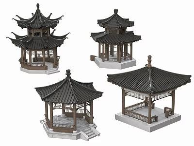 Traditional Chinese Pavilion Architectural Models With Various Roof Designs And Wooden Structures 3d model