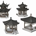 Traditional Chinese Pavilion Architectural Models With Various Roof Designs And Wooden Structures
