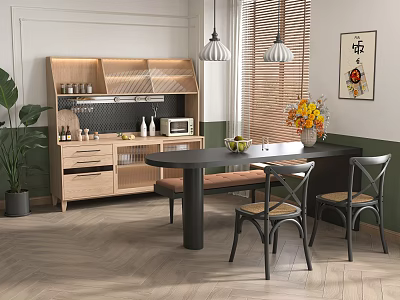 Modern Restaurant Interior With Wooden Cabinets Black Countertop Dining Table Chairs Pendant Lights And Plant 3d model