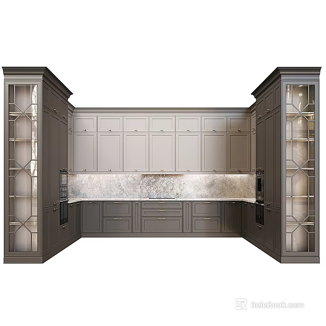 Modern Gray Kitchen Cabinets With Glass Door Panels And Marble Backsplash Countertop 3d model 
