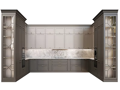 Modern Gray Kitchen Cabinets With Glass Door Panels And Marble Backsplash Countertop 3d model