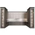 Modern Gray Kitchen Cabinets With Glass Door Panels And Marble Backsplash Countertop