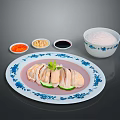 Sliced Chicken Served On Blue And White Plate With Small Condiment Bowls And Rice Bowl