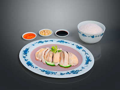 Sliced Chicken Served On Blue And White Plate With Small Condiment Bowls And Rice Bowl 3d model