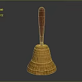 Golden Bell with Wooden Handle and Polished Brass Surface on Black Background