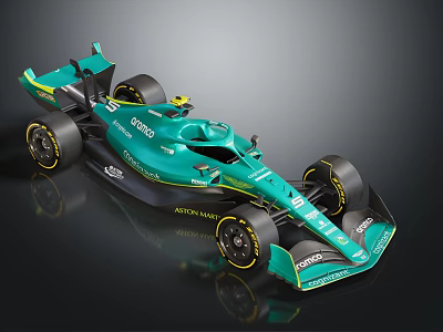 Aston Martin Turquoise Formula 1 Racing Car With Sleek Design And Yellow Wheels 3d model