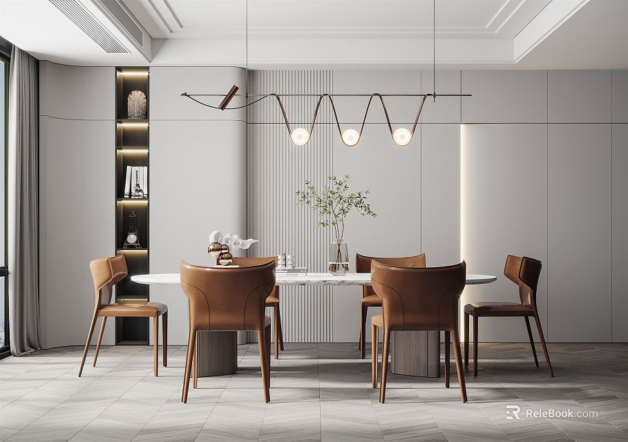 Modern Restaurant Interior With Hanging Lights Dining Table Brown Chairs And Flower Vase Decoration 3d model 