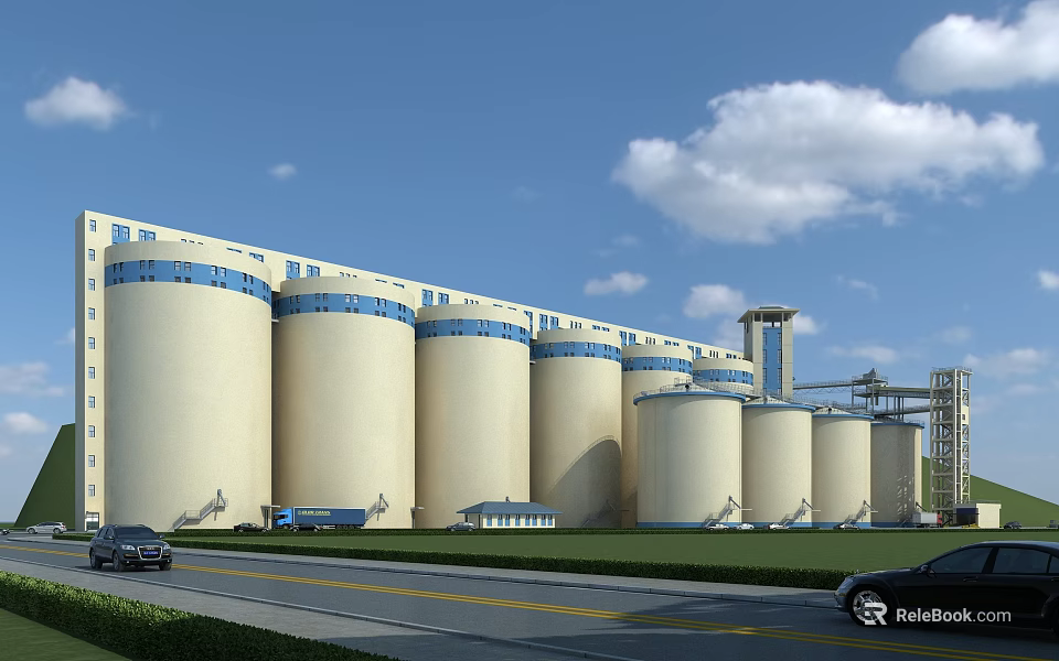 Industrial Plant Featuring Large Silos Green Lawn And Blue Sky With White Clouds 3d model 
