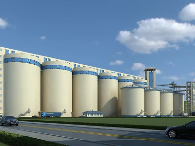 Industrial Plant Featuring Large Silos Green Lawn And Blue Sky With White Clouds 3d model