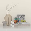 Elegant Decorative Ornament Set With Transparent Vase Twigs Gray Bowl White Candles Books And Pears