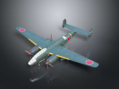 Military Aircraft Weapon Model With Green Body Red Round Insignia Four Propellers And Twin Tail 3d model