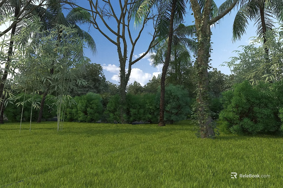 Picturesque Natural Scenery With Lush Green Grass Tall Trees And Blue Sky 3d model 