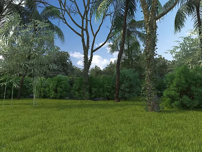 Picturesque Natural Scenery With Lush Green Grass Tall Trees And Blue Sky 3d model