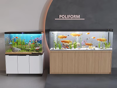 Modern Aquarium Fish Tanks With White And Wooden Cabinets And Colorful Fish Green Plants 3d model
