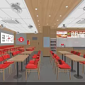 Chinese Fast Food Restaurant Interior With Red Tables Chairs Open Counter And Menu Displays