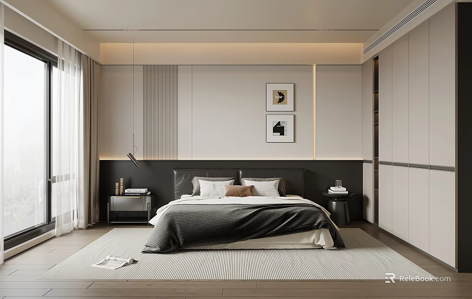 Modern Bedroom Interior Design With Bed Nightstands Wall Art Wardrobe And Rug 3d model 