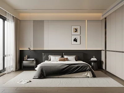Modern Bedroom Interior Design With Bed Nightstands Wall Art Wardrobe And Rug 3d model