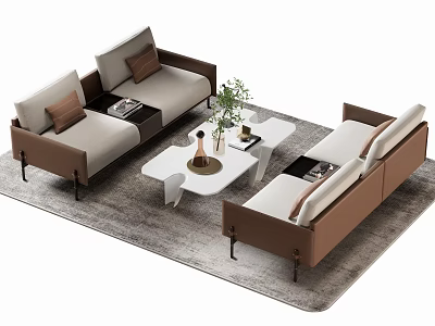 Modern Sofa and Coffee Table Set With Cushions White Table Potted Plant and Rug 3d model