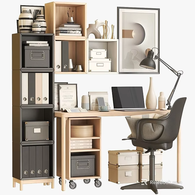 Modern Home Desk Setup With Bookshelf Storage Laptop Lamp And Comfortable Chair 3d model 