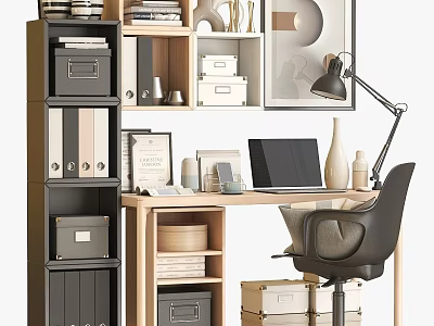 Modern Home Desk Setup With Bookshelf Storage Laptop Lamp And Comfortable Chair 3d model